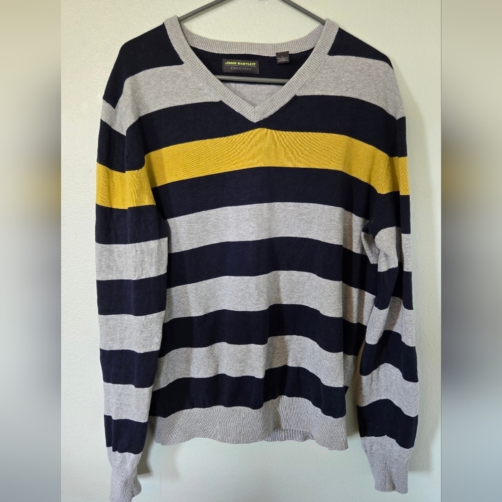 John Bartlett Navy And Gray Stripe V-neck Sweater Size Large
